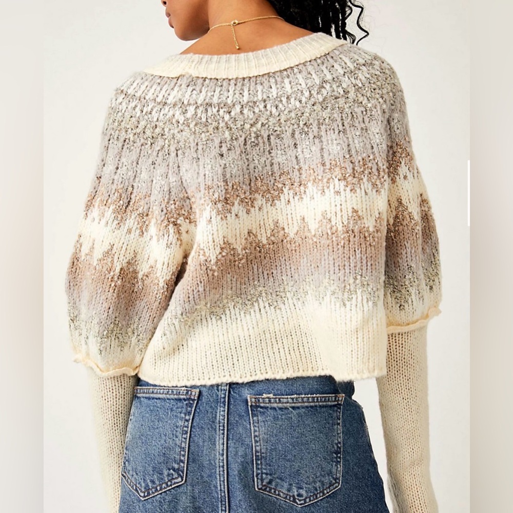 Free People Home for the Holidays Sweater Cream and Brown Wool Blend - Picture 3 of 9